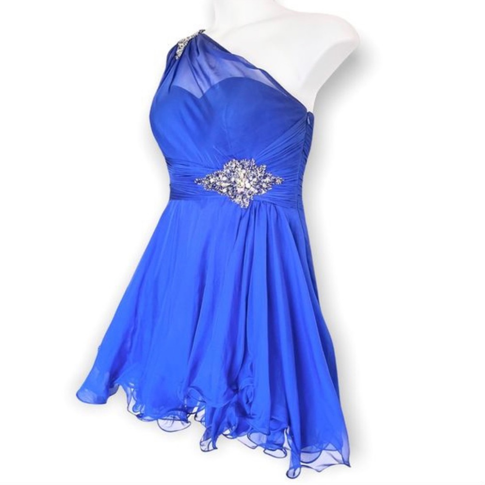 Mac Duggal One Shoulder Blue Formal Mini Dress Skater Beaded Sequins Size 14 - Picture 2 of 10
